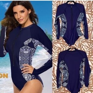 Women's Long Sleeve Rash Guard UV Protection
3/4 Zipper One Piece Swimsuit sz L